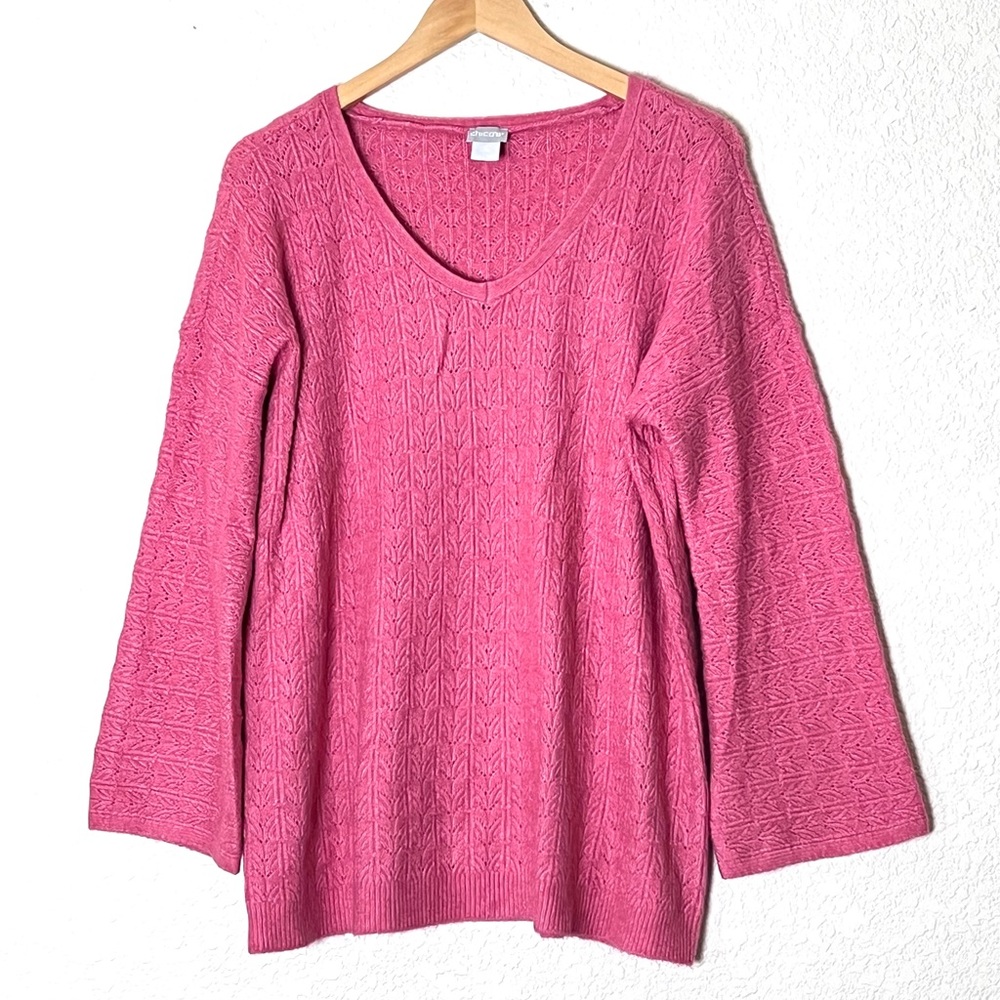 Chico’s | Pink textured v-neck pullover wide arms loose fit sweater sz l…
